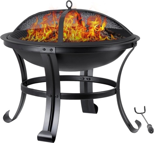 22Inches Fire Pit Outdoor Steel Wood Burning BBQ Grill Firepit Bowl Fireplace with Mesh Screen & Fire Poker, Log Grate - Lot 125