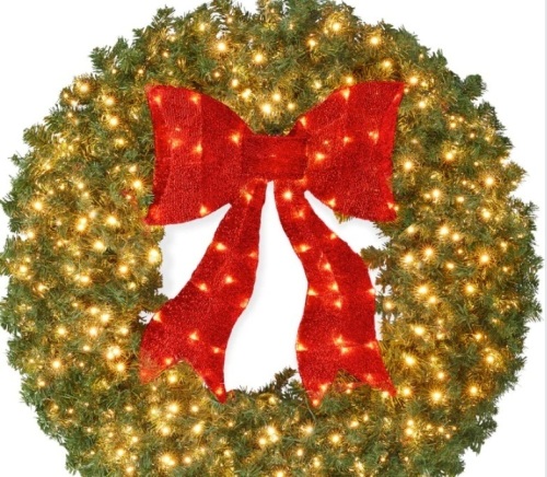 Pre-Lit Artificial Fir Christmas Wreath w/ Red Bow, LED Lights-4' tall - Lot 242a
