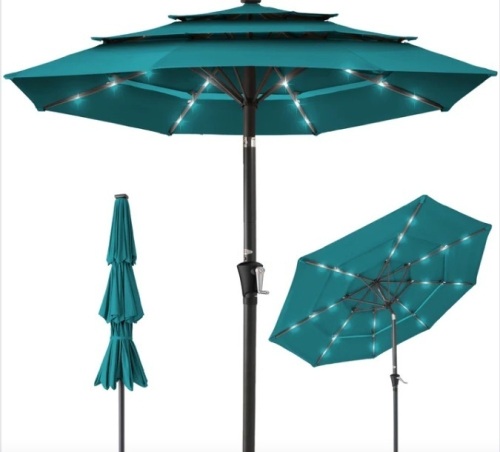 3-Tier Solar Patio Umbrella w/ LED Lights, Tilt Adjustment, Crank - 10ft - Lot 184