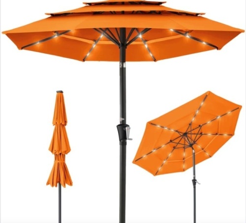 3-Tier Solar Patio Umbrella w/ LED Lights, Tilt Adjustment, Crank - 10ft - Lot 186