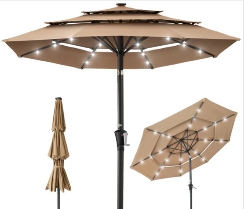 3-Tier Solar Patio Umbrella w/ LED Lights, Tilt Adjustment, Crank - 10ft - Lot 317