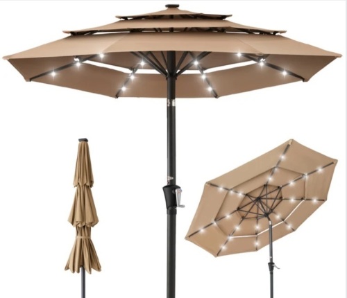 3-Tier Solar Patio Umbrella w/ LED Lights, Tilt Adjustment, Crank - 10ft - Lot 318