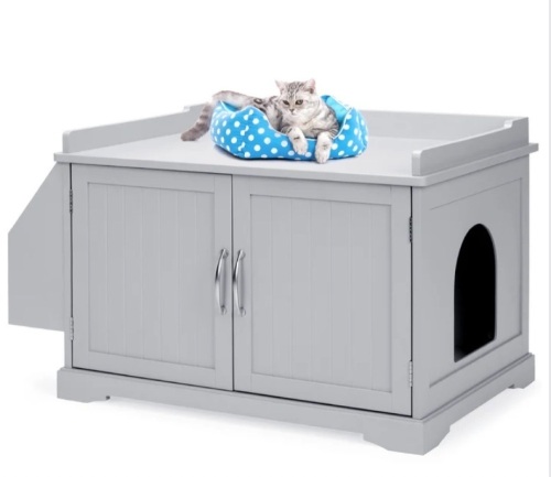 Large Wooden Cat Litter Box Enclosure & Storage Cabinet w/ Magazine Rack - Lot 336