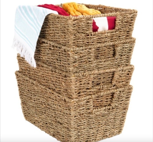 Set of 4 Seagrass Storage Tote Baskets, Laundry Organizer w/ Insert Handles - Lot 407