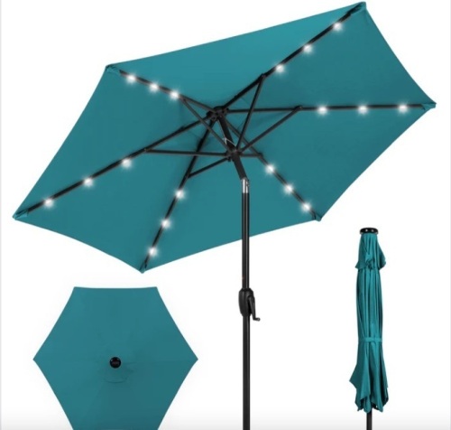 Outdoor Solar Patio Umbrella w/ Push Button Tilt, Crank Lift - 7.5ft - Lot 411