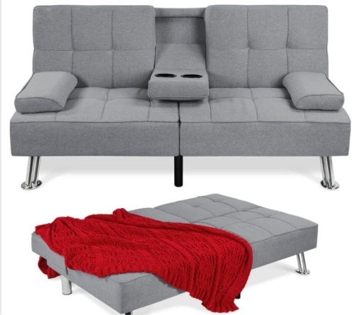 Linen Upholstered Convertible Sofa Bed Futon w/ 2 Cupholders - Lot 353