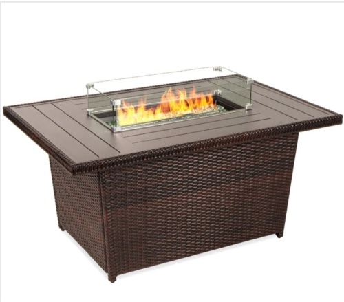 Wicker Propane Fire Pit Table, 50,000 BTU w/ Glass Wind Guard, Cover - 52in - Lot 373