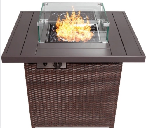 32in Fire Pit Table 50,000 BTU Wicker Propane w/ Wind Guard, Cover - Lot 379