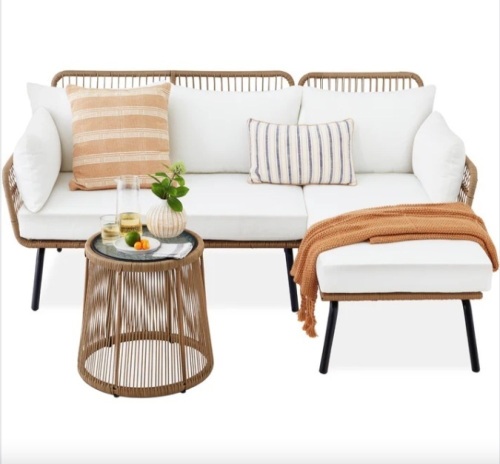 Rope Woven Sectional, L-Shape Sofa Set w/ Detachable Lounger, Table - Lot 22
