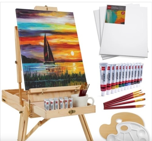 Portable Wooden French Easel w/ 32pc Beginners Kit - Lot 461