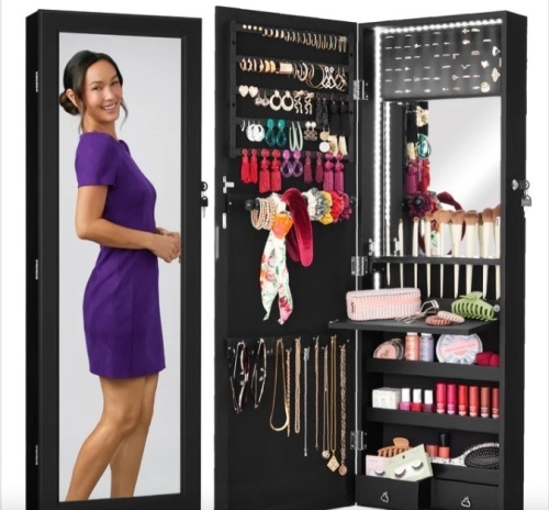 Door/Wall Mount Mirror Jewelry Cabinet Armoire w/ Inside Mirror, LED Lights - Lot 462