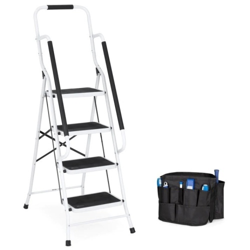 4-Step Portable Folding Ladder w/ Handrails, Attachable Tool Bag - Lot 380