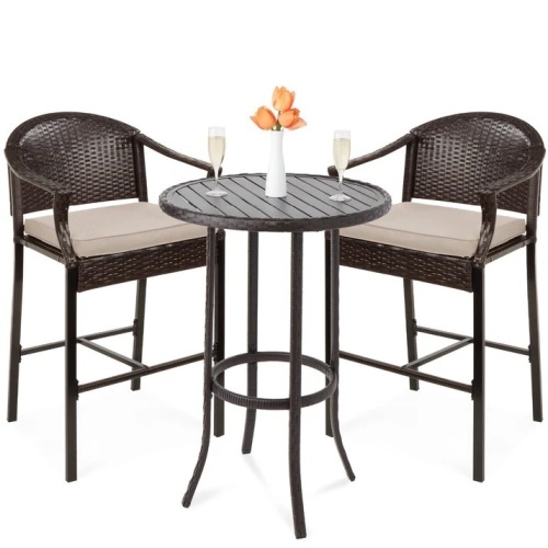 3-Piece Outdoor Bistro Wicker Table Bar Set w/ Bar Stools, Footrests - Lot 393