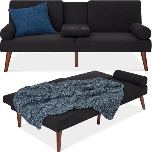 Fabric Upholstered Convertible Futon w/ Rounded Armrests, 2 Cupholders - Lot 33