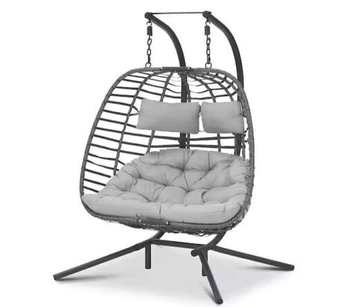 2-Person 500 lbs. Gray Wicker Double Swing Egg Chair with Black Stand and Gray Cushions  - Lot 42