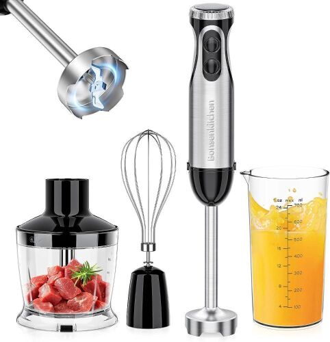 Bonsenkitchen Immersion Blender, 20 Variable Speeds & Turbo, 4-In-1 Stainless Steel Handheld Blender Stick Mixer with Egg Whisk, Beaker & Chopper Bowl  - Lot 627