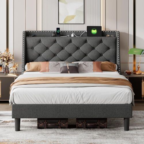 iPormis Full Upholstered Platform Bed Frame with 16" Deluxe Wingback, USB & Type-C Ports, Solid Wood Slats Support, No Box Spring Needed, Dark Grey  - Lot 83