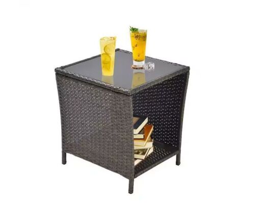 Outdoor Rattan Side Table with Glass Top  - Lot 145