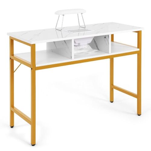 Artist Hand Marble White Manicure Table Workstation with Electric Dust Collector, Foldable Armrest, Shelves, Golden Legs - Lot 182