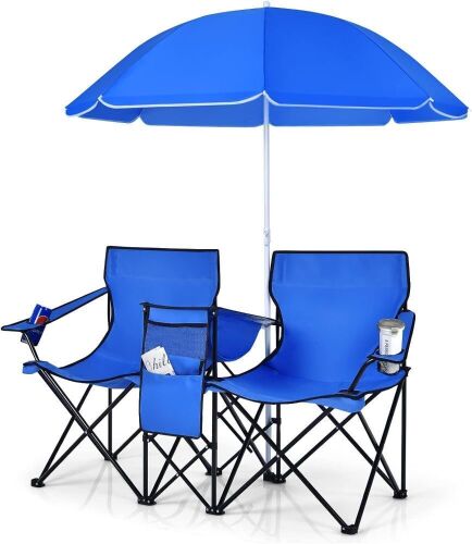 Double Folding Lawn Chairs w/Detachable Umbrella, Cooler Bag, Cup Holders - Lot 308