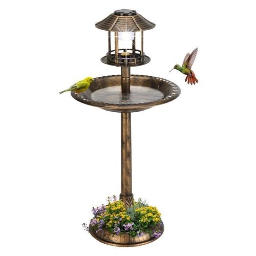 42 Inch Bird Bath with Solar Light Antique Copper Weather Resistant Resin - Lot 498