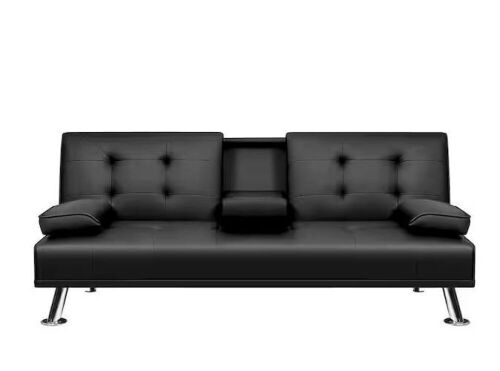  66 in. Faux Leather Upholstered Convertible Folding Futon Sofa Bed 2 Cupholders - Lot 158