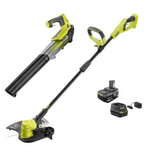 RYOBI ONE+ 18V Cordless Battery String Trimmer/Edger and Jet Fan Blower Combo Kit with 4.0 Ah Battery and Charger - Lot 50A