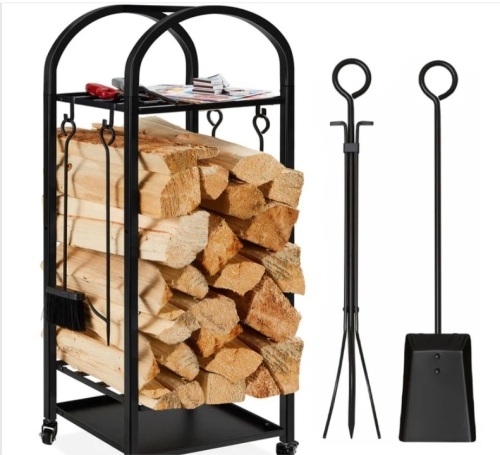 3-Tier Wrought Iron Firewood Log Rack w/ 4-Piece Tool Set, Wheels - 4ft - Lot 158