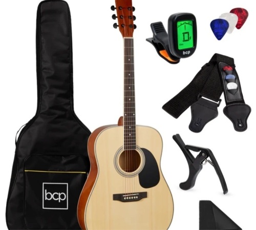 41in Acoustic Guitar Starter Kit w/ Digital Tuner, Padded Case, Picks, Strap - Lot 193