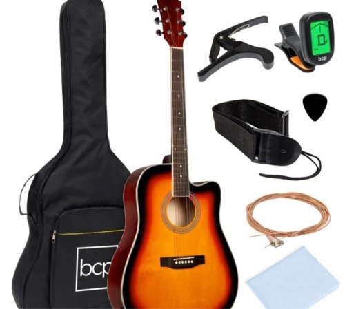 Full Size Beginner Acoustic Guitar Set with Case, Strap, Capo - 41in - Lot 196
