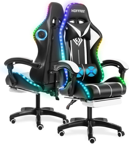 HOFFREE Gaming Chair with Bluetooth Speakers and RGB Led Lights Ergonomic Computer Gaming Chair with Massage Lumbar Support and Footrest High Back Video Game Chair White and Black   - Lot 206