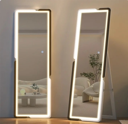 LVSOMT 63"x20" Full Length Mirror with LED Lights, Standing Floor mirror, Rectangle Body Mirror for Bedroom, Black White - Lot 180c