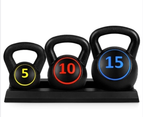 3-Piece Kettlebell Exercise Fitness Weight Set w/ Storage Rack - Lot 119