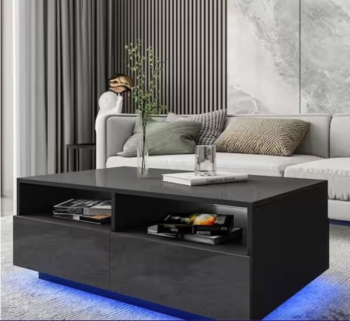 37.4 in. Black Rectangle MDF LED Coffee Table with 4 Storage Drawers with 2 Open Shelves - Lot 130
