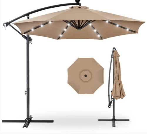 Solar LED Offset Hanging Patio Umbrella w/ Crank Tilt Adjustment - 10ft - Lot 138