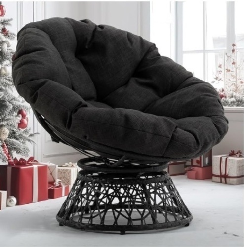 Ergonomic Wicker Papasan Chair with Soft Thick Density Fabric Cushion, High Capacity Steel Frame, 360 Degree Swivel for Living, Bedroom, Reading Room, Lounge, Onyx Stone - Black Base - Lot 146