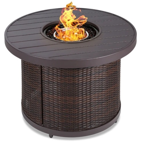Round Fire Pit Table, 50,000 BTU Outdoor Wicker Firepit w/ Cover - 32in - Lot 5308
