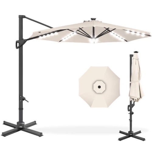 360-Degree Solar LED Cantilever Offset Patio Umbrella w/ Tilt - 10ft - Lot 5313