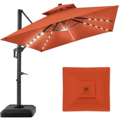 2-Tier Square LED Cantilever Offset Umbrella w/ 360 Rotation, Base - 10x10ft - Lot 5316