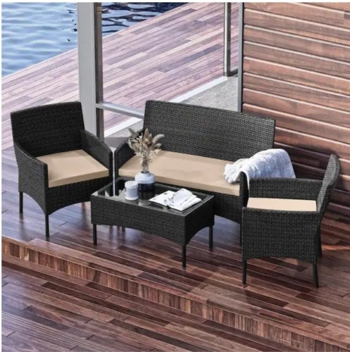 Hearth & Harbor 4-Piece Black Patio Outdoor Furniture Wicker Conversation Set with Beige Cushions, 1-Loveseat, 2-Chairs and Coffee Table - Lot 55