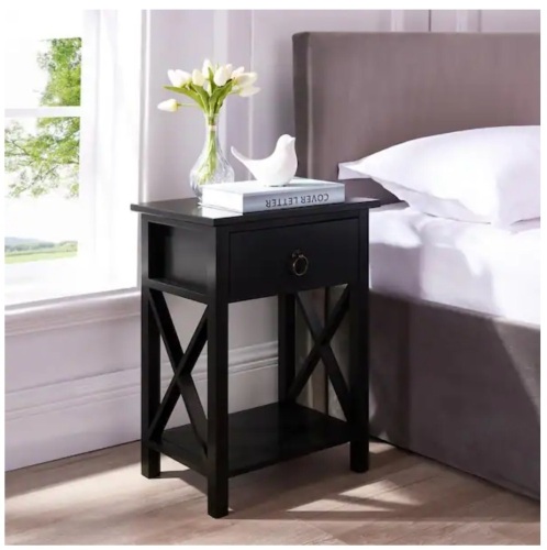 Black, 1-Drawer Wooden End Table with Storage Shelf Nightstand, Drawer and Shelf for Small Spaces Bed Side Table - Lot 602