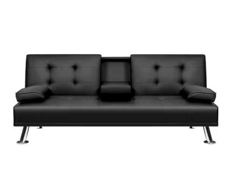 Faux Leather Upholstered Convertible Folding Futon Sofa Bed 2 Cupholders - Lot 272