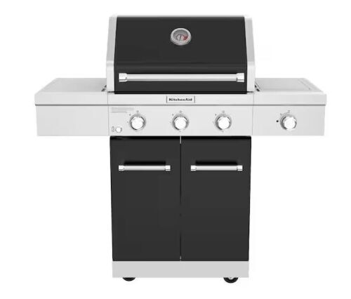 KitchenAid 3-Burner Propane Gas Grill with Searing Side Burner and Silver Powder Coated Side Shelves in Black  - Lot 30