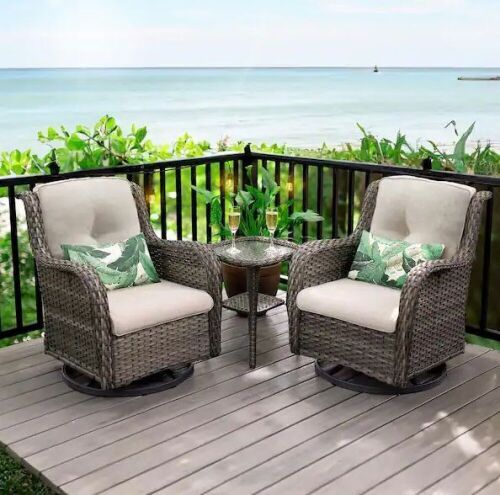 3-Piece Wicker Patio Swivel Outdoor Rocking Chair Set with Beige Cushions and Table  - Lot 31