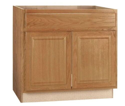 Hampton Bay Hampton 36 in. W x 24 in. D x 34.5 in. H Assembled Sink Base Kitchen Cabinet in Medium Oak - Lot 530