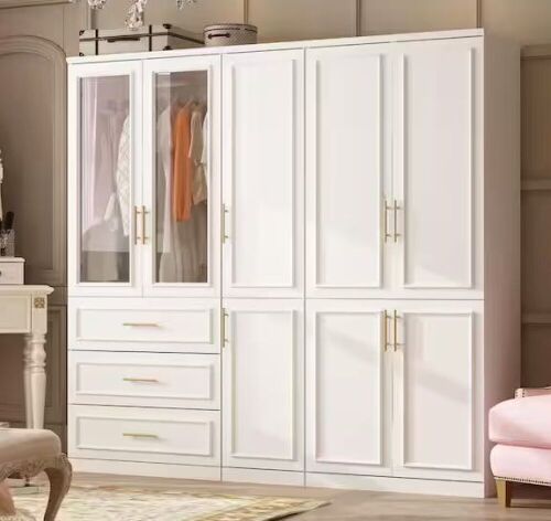3-Combination White Wood 79.1 in. W 8-Door Big Armoires with Hanging Rods, Drawers, Shelves 74.8 in. H x 19.3 in. D  - Lot 15