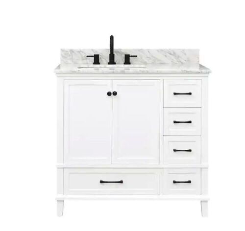 Merryfield 37 in. Single Sink Freestanding White Bath Vanity with White Carrara Marble Top  - Lot 27