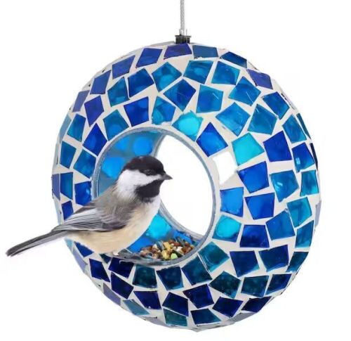 6 in. Blue Mosaic Fly-Through Hanging Outdoor Bird Feeder - Lot 901