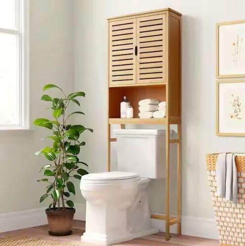 Veikous Yellow Bamboo Bathroom Over-the-Toilet Storage with Removable Shelf and Doors 23.5 in. W x 66.9 in. H x 9.2 in. D  - Lot 663