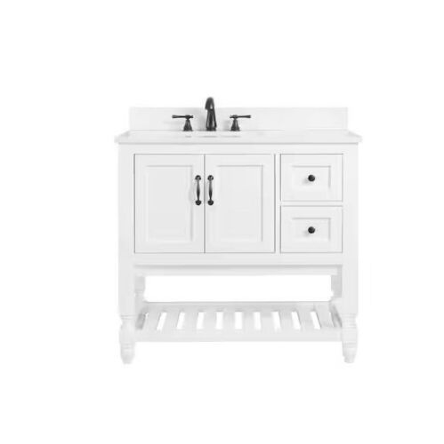 Bankside 37 in. W x 22 in. D x 35 in. H Single Sink Freestanding Vanity in White w/ Carrara Marble Engineered Stone Top - Lot 54